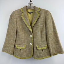 Ann Taylor Jacket Women's 0 Petite Yellow Tweed Linen Blend Blazer Fringe