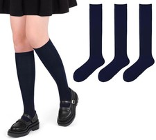 ENBAOHUI 3 Packs Kids Girl Knee High Socks Knit School 9-11 Years, Navy Blue