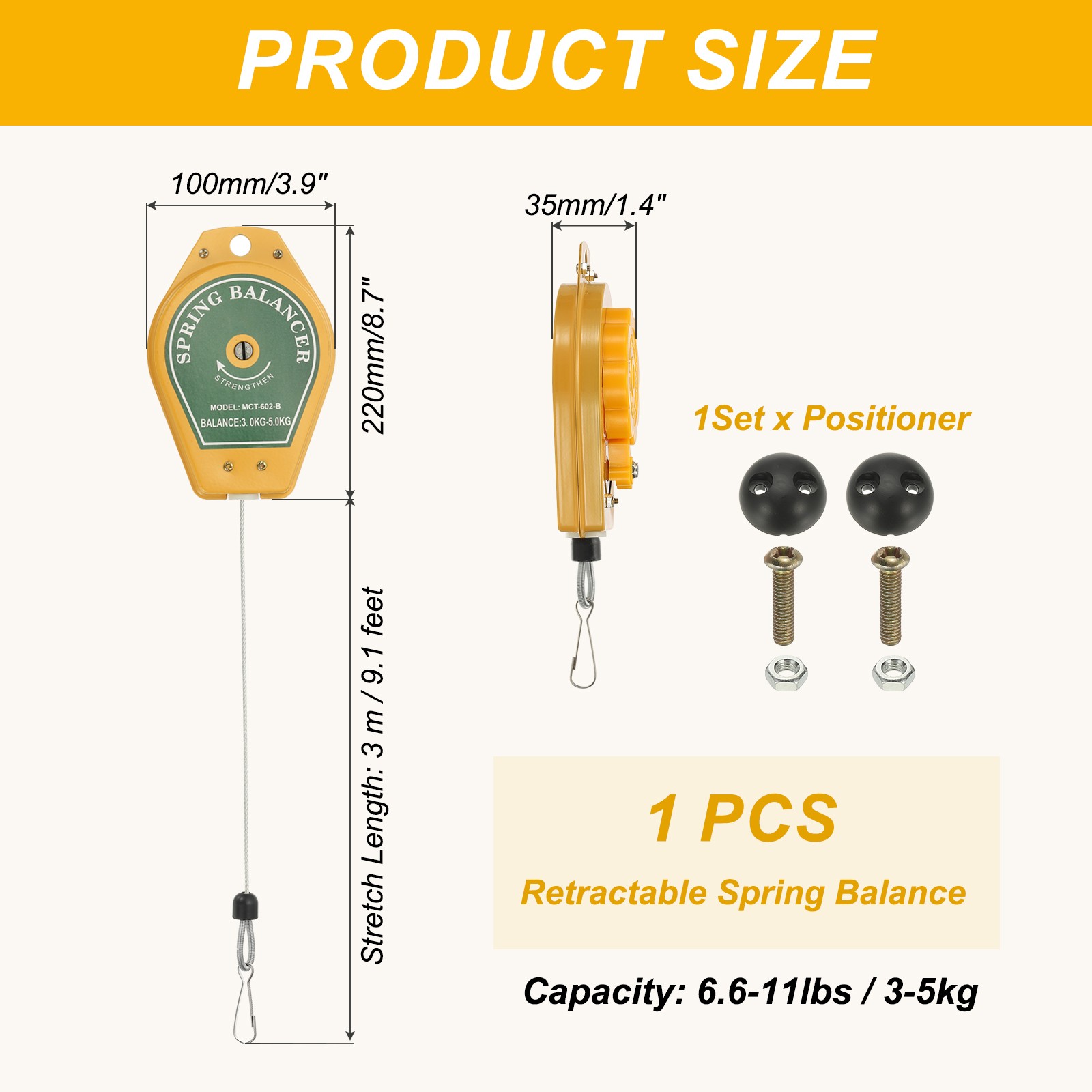 6.6-11lbs Retractable Spring Balancer 9.1 Feet Adjustable Spring Tool Yellow thumbnail 2