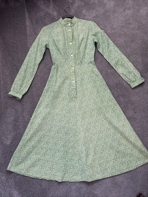 Vintage Laura Ashley Made In Wales 70s Green & White Floral Cotton Dress Size10