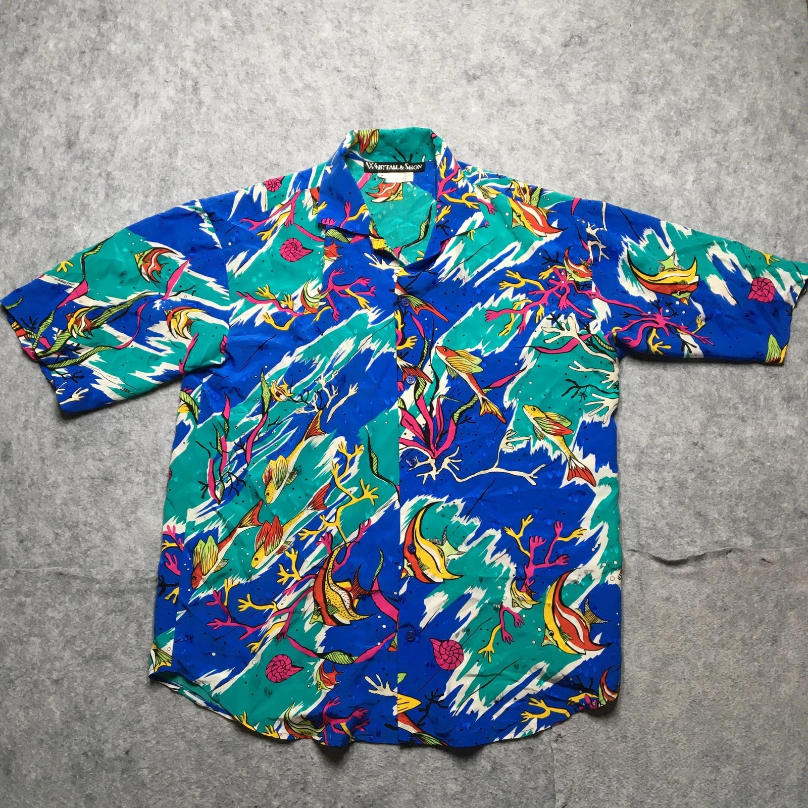 Whittall & Shon Shirt Mens Medium Blue Green Silk Fish Coral Print Hawaiian