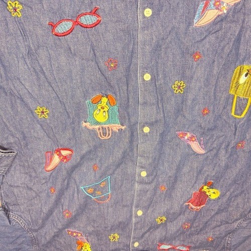 Camicia vintage Tweety Bird Warner Bros Studio denim manica lunga copri bottoni l - Foto 2 di 7