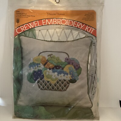 1971 NOS PAULINE DENHAM Crewel Embroidery Kit Fruit Basket Knife Edge Pillow 14 