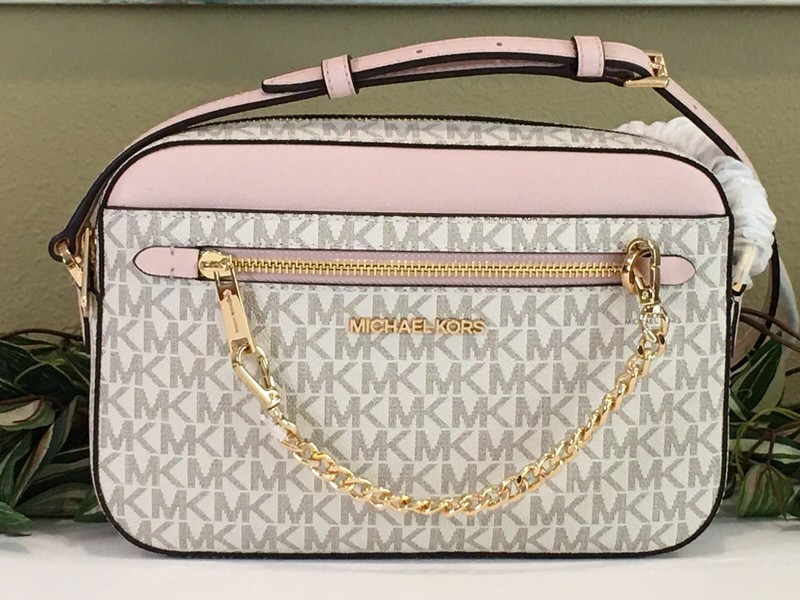 MICHAEL KORS JET SET LARGE ZIP CHAIN CROSSBODY BAG VANILLA SIGNATURE BLUSH PINK MICHAEL KORS JET SET LARGE ZIP CHAIN CROSSBODY BAG VANILLA SIGNATURE BLUSH PINK