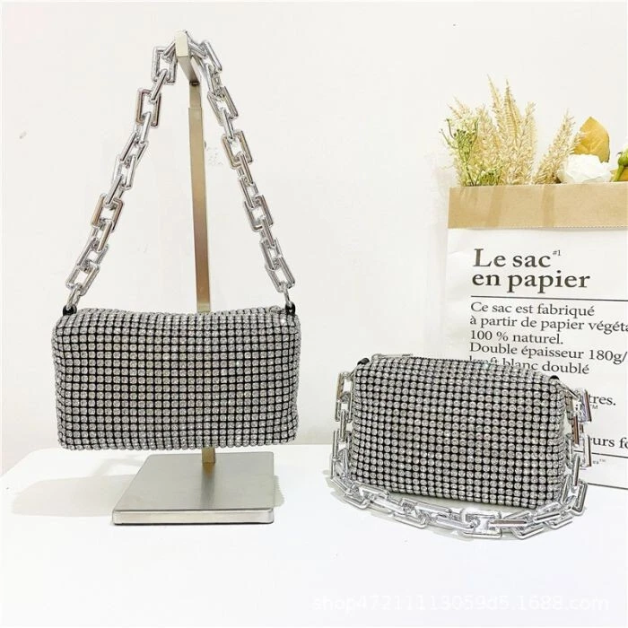 Woman s Clutch With Thick Chain Handle Silver Full Crystal