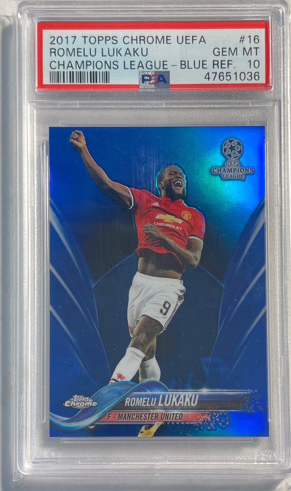 ROMELU LUKAKU 2017 TOPPS CHROME UEFA BLUE REFRACTOR #D 035/150 PSA 10 GEM POP 3