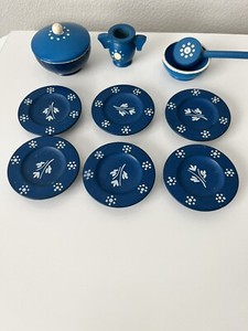Vintage Miniature Blue Wood Doll Dishes 11 Pieces