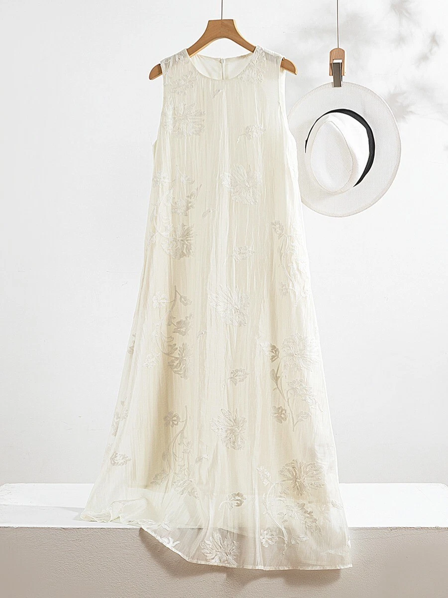 OFF WHITE Abito donna moda ricamato tencel lungo smanicato gilet vestito gonna linea A