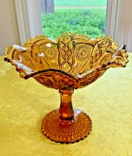 Imperial Amber Carnival Glass "Hobstar & Arches" Fruit Bowl, 9"T, 10 1/4"D 62-72