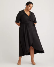 NWT Quince Tencel Jersey Midi Wrap Dress Womens Sz 3X Black Blue Stretch Comfort