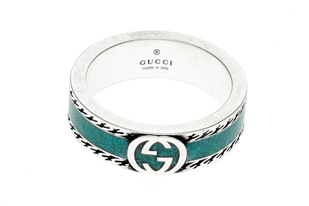 Gucci Interlocking G Sterling Silver And Turquoise Enamel Ring