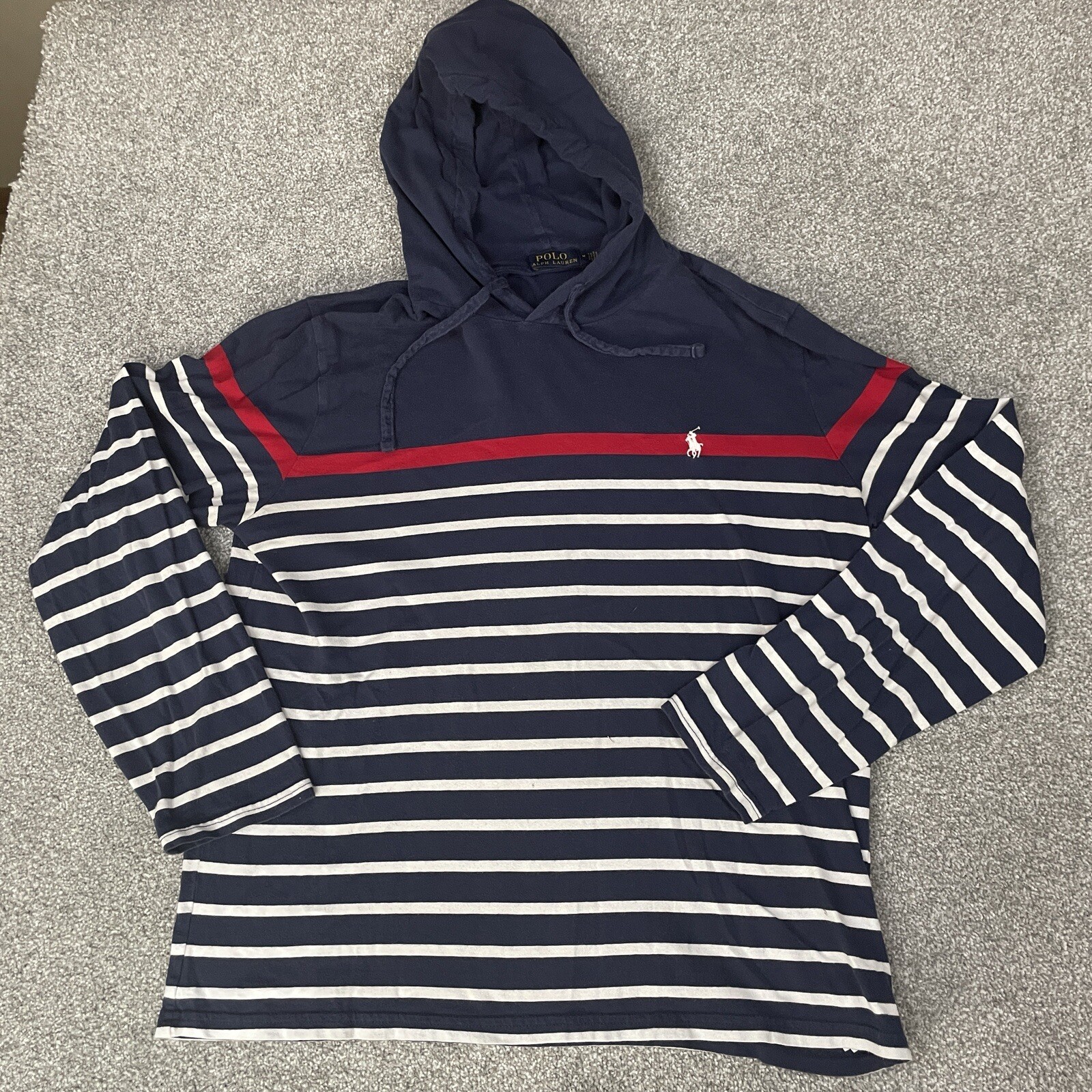 Polo Ralph Lauren felpa con cappuccio donna M blu rosso bianco bretone righe bianco pony morbido
