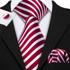 Red Thin Striped Necktie Set includes Hanky and Cufflinks