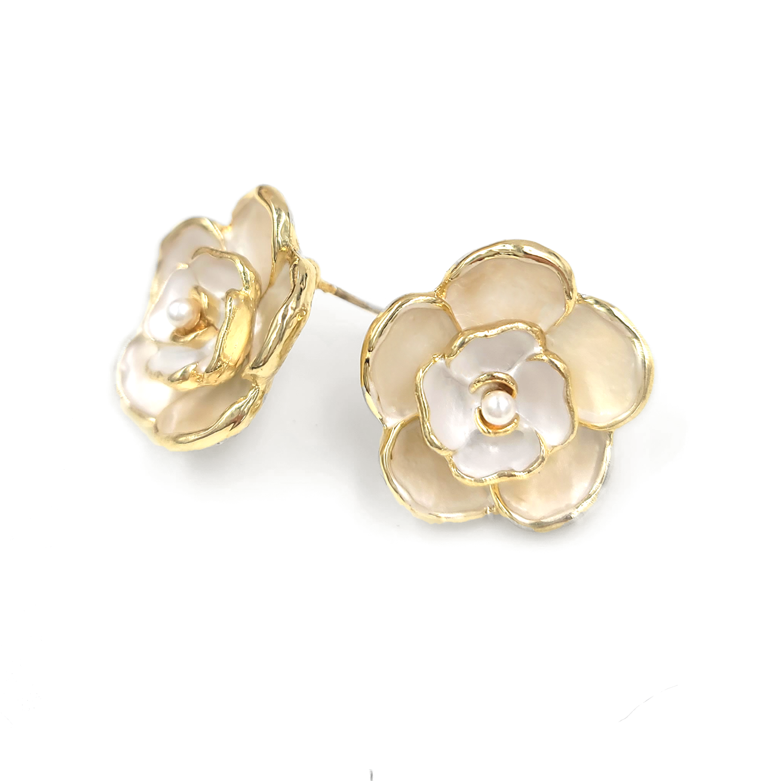 Camellia Flower Earrings, 925 Silver post Enamel Pearl Stud Flower Earrings