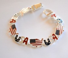 Patriotic Bracelet / Red White  Blue USA  American Flag / Silver-tone 7" Magne