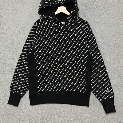 Champion Reverse Weave All Over Print Hoodie Men's Medium Black Pullvoer 