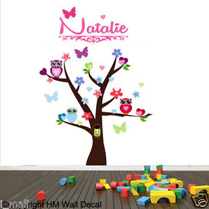 220cm Height Nursery Cot side tree with Owls & Butterflies removable wall decals 