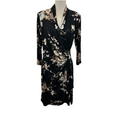 Karen Kane Cascade Wrap Dress Womens XL Long Sleeve Black Floral V Neck