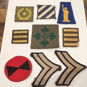 WW II Military Lot of Uniform Patches & Rank Chevrons Stripes Wreath Star