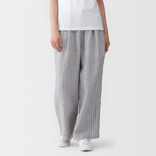 MUJI Womens 100 Linen Washed Easy Wide Pants Gray Stripe FedEx