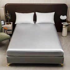 Gray Satin Silk Fitted Bed Sheet Smooth Soft Bed Covers for Summer Twin/Full/Que