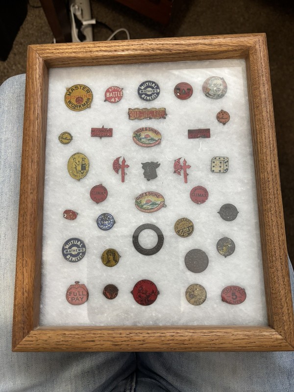Antique Tobacco Tin Tags in Oak Frame