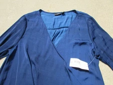 A. N. A. Navy Blue Long Sleeve V-Neck Wrap Polyester Blouse Size L NEW