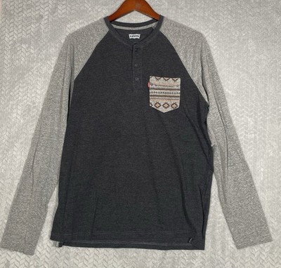 Levi s Long Sleeve Gray/Black Raglan T-Shirt Baseball Crewneck Aztec L Pocket