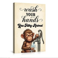 Funny Monkey Wash Your Hands Poster Bathroom Decor Humorous Wall Art 