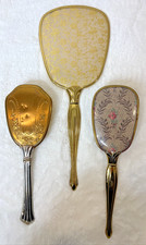 Vintage 2 Brushes 1 Mirror Vanity Set Flowers Vines Gold Silver Tone metal USA
