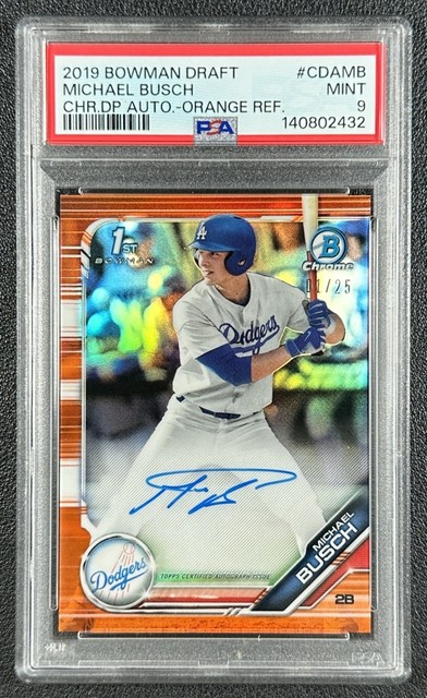 Michael Busch PSA 9 2019 Bowman Draft Chrome Auto Orange Refractor 1st RC 1/25