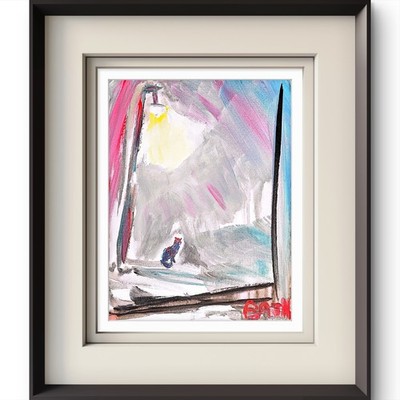 Cat Alone Under Street Lights Contemporary Pop Art Acrylic Painting Canvas 11x14