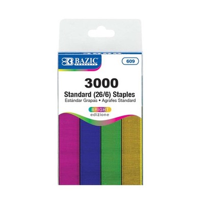 BAZIC 3000 Ct. Standard (26/6) Metallic Color Staples, pack of 24
