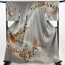 Japanese Silk Houmongi Kimono M 163cm Gray Chrysanthemum Thread spool Excellent