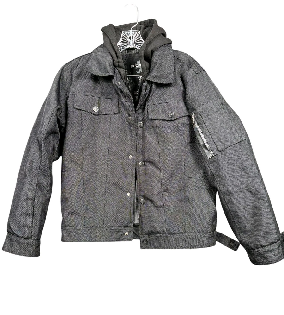 Sportier Ballistic Windproof Jacket Mens Size M/L Black Hooded Water Resistant