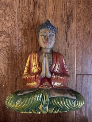 Beautiful Wood Carved Buddha Statue. Hand Painted. New.