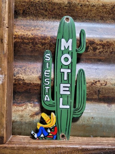 VINTAGE SIESTA MOTEL PORCELAIN SIGN OLD CALIFORNIA MEXICO HOTEL CACTUS SOMBRERO
