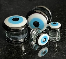 PAIR Evil Eye Glass Double Flare Plugs Tunnels Gauges Piercing Body Jewelry