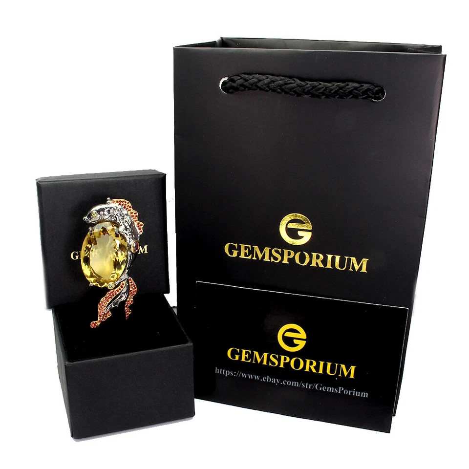 Pendente Ovale In Argento Sterling 925 Citrino 39 Ct Zaffiro Pesce Gioielli - Immagine 3 di 4