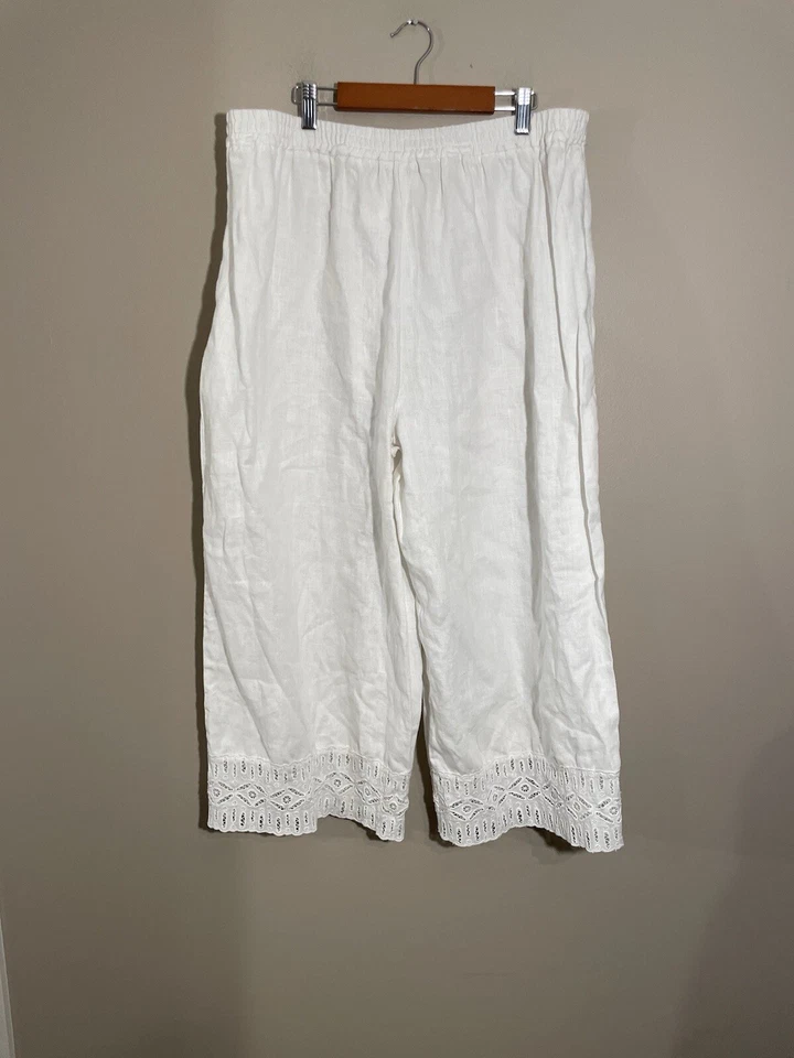Michael Kors Linen Wide Leg Pants Women’s XL Stretch Waist Lace Trim Ankle White - Image 2 of 4