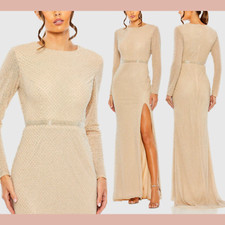 NWT Mac Duggal [ 10 ] 6089 Beaded High Neck Long Sleeve Gown Nude Silver #J948