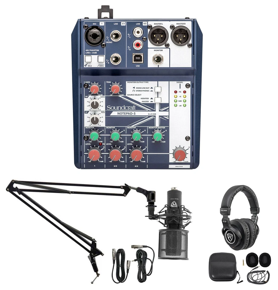 Gaming Twitch Stream Recording Bundle Soundcraft Mixer+Headphones+Pro Mic+Boom