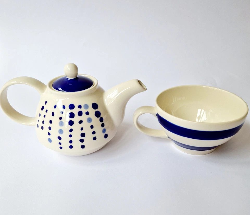 Hand Made Gift Co Blau & Weiß Tea for One Set Teekanne und Tasse, Punkte und Streifen - Bild 2 von 3