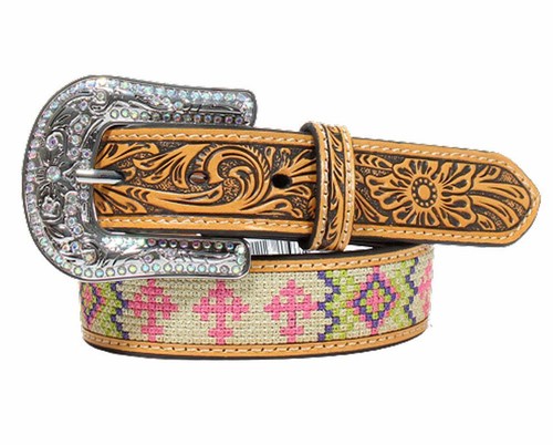Angel Ranch Western Girl Belt Kids Embossed Floral Cross Design Inlay D130002348 - 第 1/1 張圖片