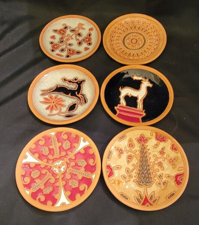 Set of 6 Bonis Pottery Greece Handmade Glazed Enamel on Terracotta Plates