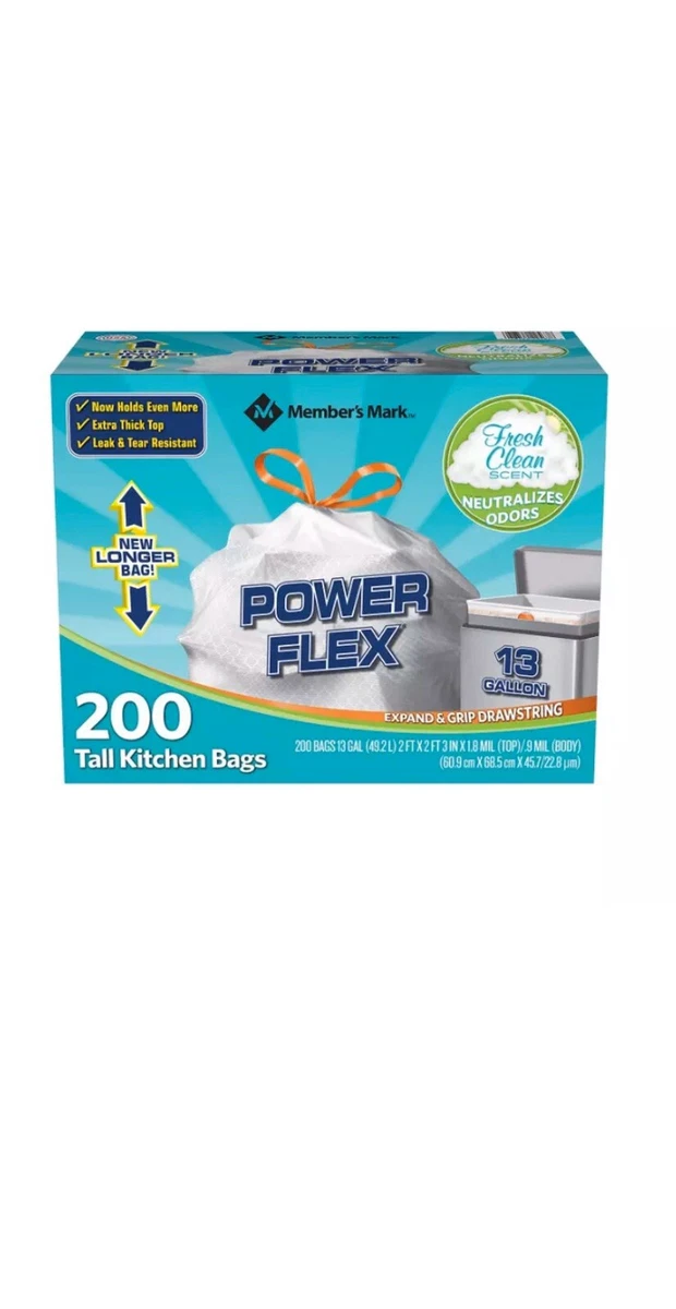 Member's Mark Power Flex Tall Kitchen Drawstring Bags, 200 Count