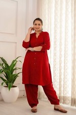 Women Rayon Plus Size Solid Pathani Kurta Top With Patiala, Maroon Co-ord Set