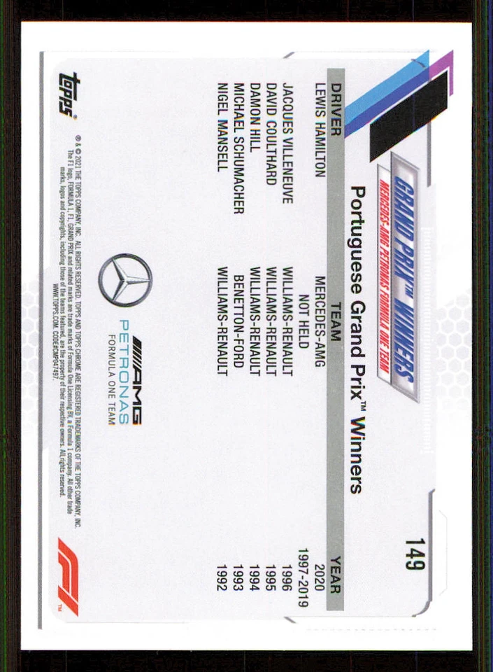 2021 Topps Chrome Formula 1 #149 Lewis Hamilton/Grand Prix Winners - Image 2 of 2