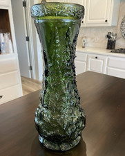 VTG Tall Green Embossed Foxtails  Rustic Textured Glass Vase  16"  HEAVY A314