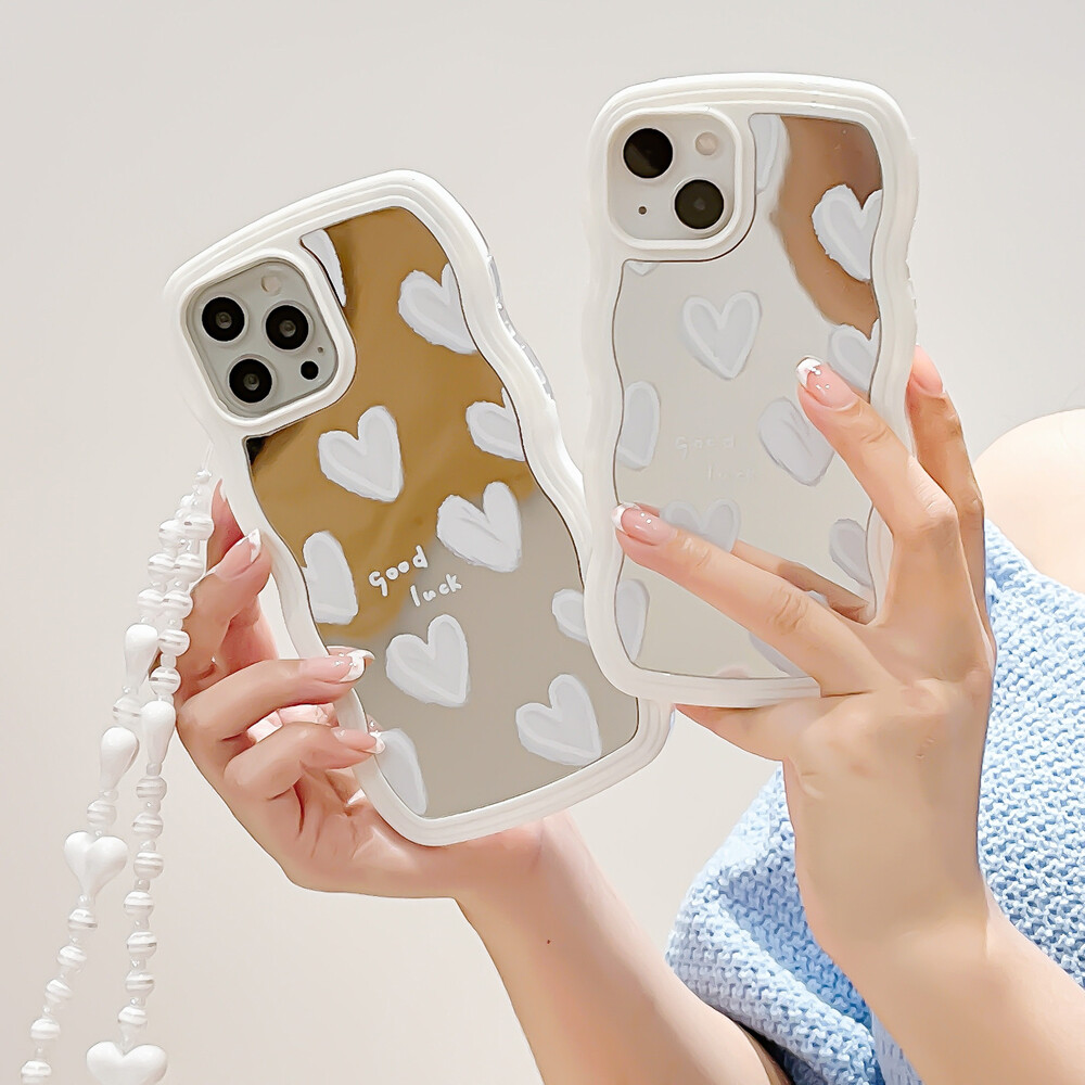 ★DESIGN SKIN★ iPhone 15 Pro Heart Mirror Case Luxury Love Heart Mirror Phone Case With Bracelet For iPhone